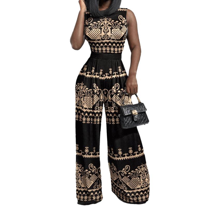 1116 new summer women's clothing, European and American casual trousers, slim-fit printed sleeveless women's jumpsuit women