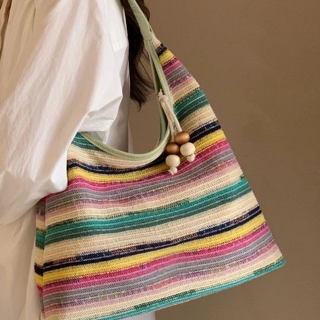 Сумка-тоут цвета радуги, женская, плетеная, большая, сумка через плечо, пляжная сумка Lazy Wind Tide