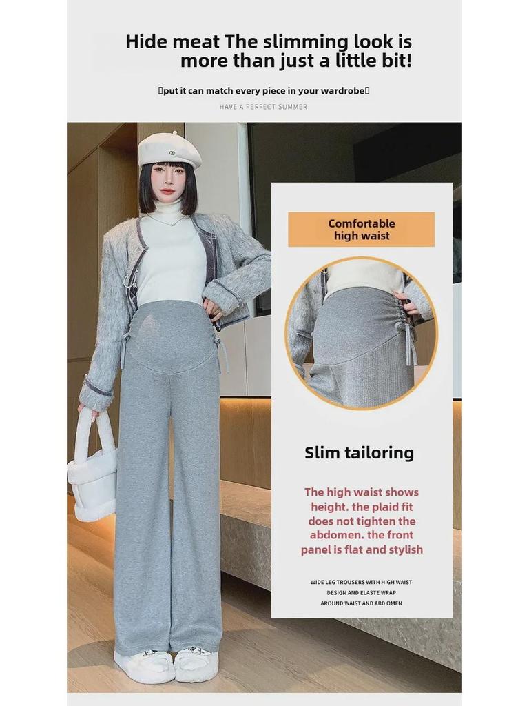 Широкие брюки для беременных 2024 года: Осенне-зимний бархат, завязка на шнурок, прямой крой.