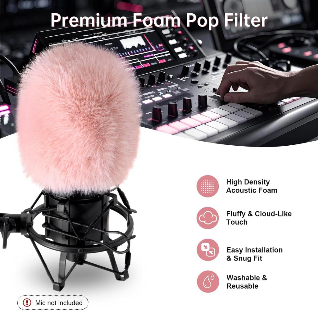 PhantAccy Поп-фильтр ветрозащита для микрофонов Audio-Technica AT-2020 AT-2035 AT-2040 AT-2050 ATR2500 ATR2500X AT-4040 Розовый мех Подавление шума