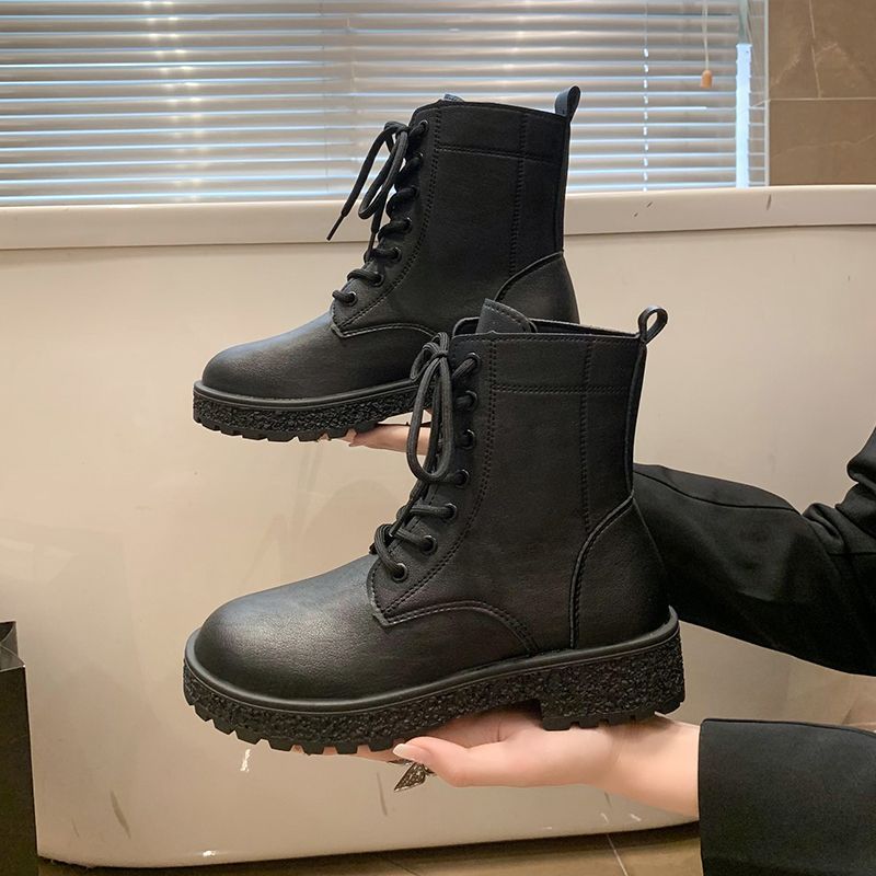 Модные ботильоны Элегантные на низком каблуке Короткая обувь для женщины Шнурки Шнуровка Обувь Панк стиль Боевые Кожа Черный Женские ботильоны