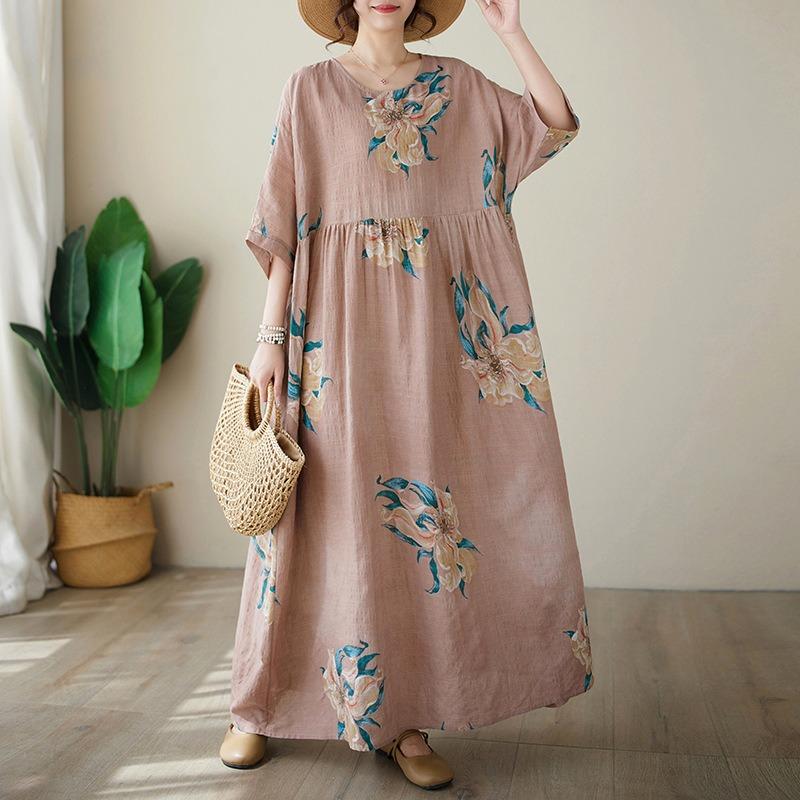 Летние тонкие хлопковые льняные платья с круглым вырезом и короткими рукавами, простое платье средней длины для женщин