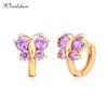 Windshow Cute Pink CZ Butterfly Small Huggie Hoop Earrings for Women Girls Kids Children Baby Yellow Gold Color Animal Jewelry