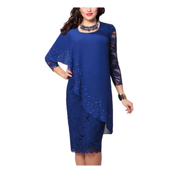 Плюс размер однотонное женское двухслойное платье миди с рукавами 3/4 и круглым вырезом