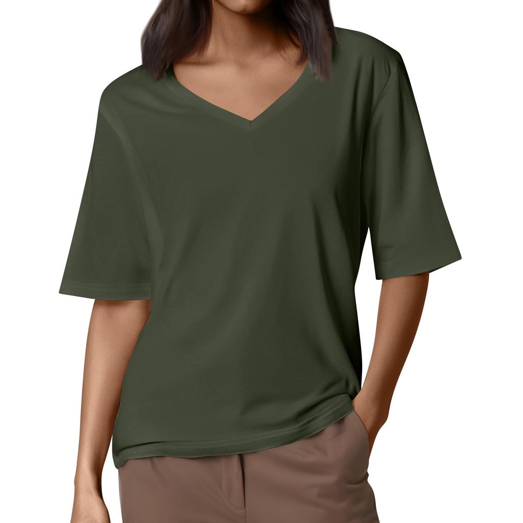 Women's Solid-color V Neck T Shirts Half Sleeve Tops Printed Casual Summer Tees T Shirt Blouse