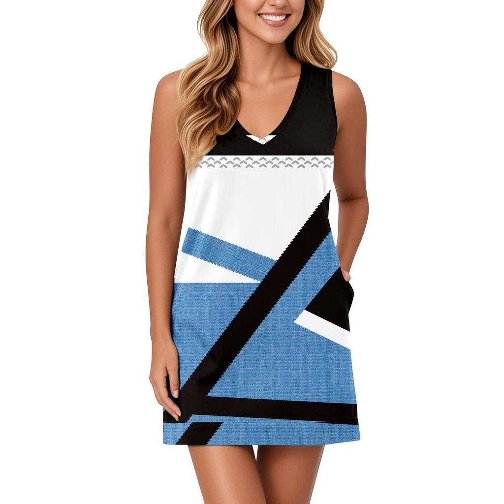 Женский сарафан с V-образным вырезом, без рукавов, повседневное платье с геометрическим принтом и карманами