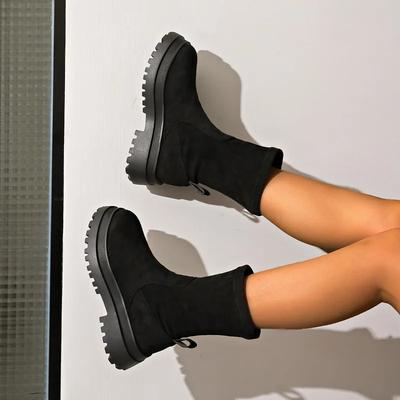 Мода 2024 Обувь для женщин Ботильоны Женские лаконичные современные ботинки Женские швы Круглый носок Средний каблук Платформа Обувь без застежки Женская