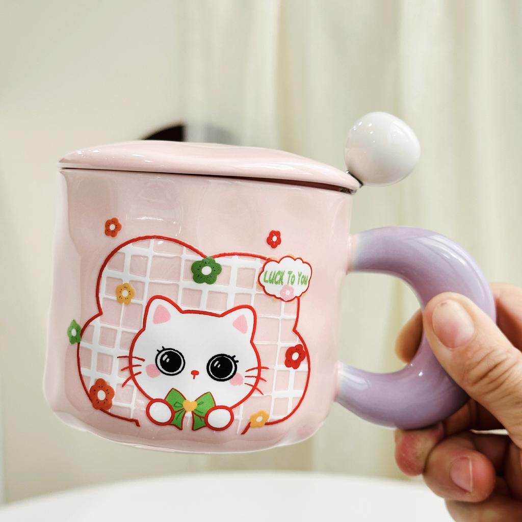 Small Fresh Cat Ceramic Cup for Home Use High Value Cartoon Mug with Cover Spoon Wedding Souvenir Gift Cup