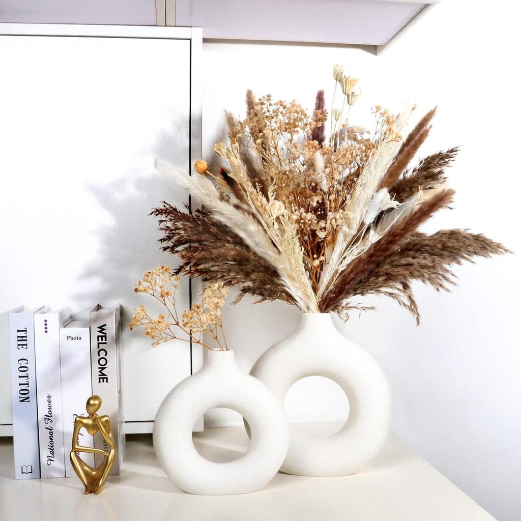 White Ceramic Donut Vase Set (6 & 8 Inches, Pack of 2) – Round Shaped Flower Vase for Pampas Grass, Home Decor Centrepiece