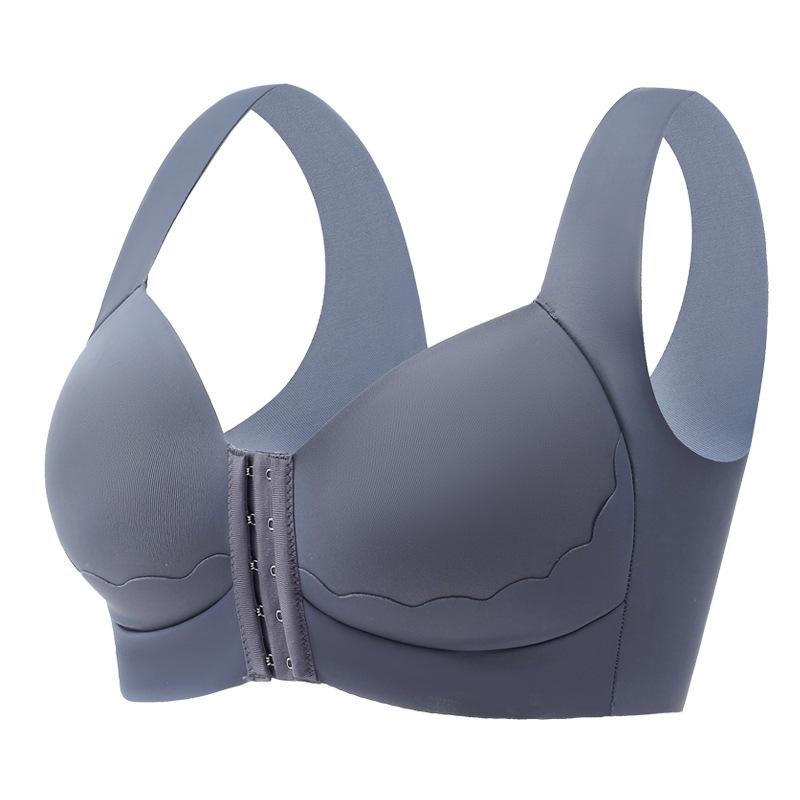 Women's Solid Front Button Bra with Shell Pattern Splicing Decoration Integrated Wide Shoulder Straps, Non Removable Bra Pads Without Steel Rings