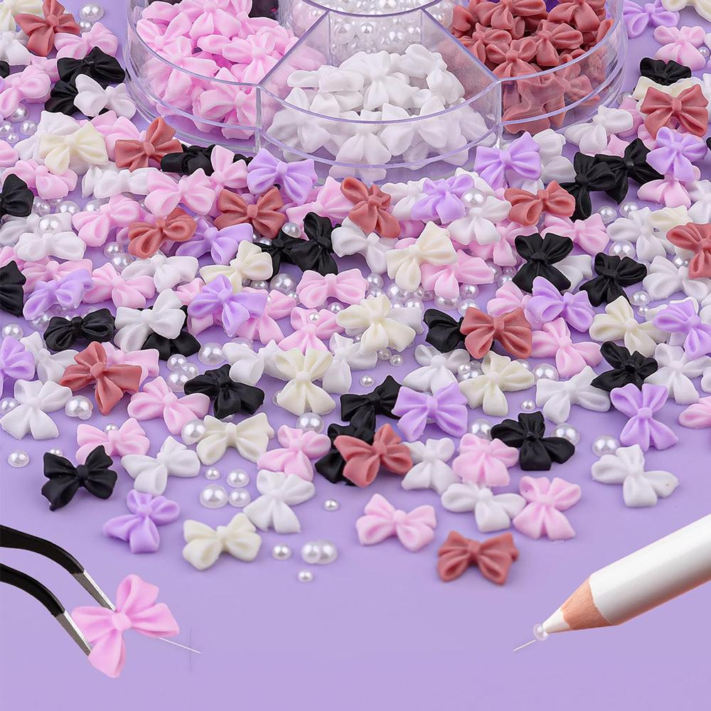6 Colors Cute Bow Charms and White Flatback Pearls For DIY Nail Decoration