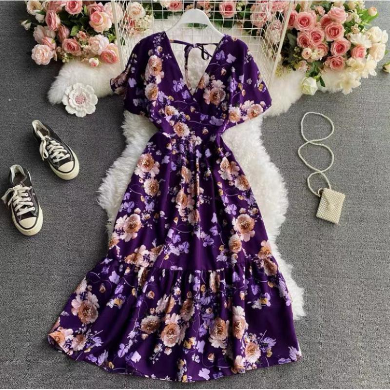 Summer French Platycodon Skirt Temperament V-Neck Waist Skinny Printed Over Knee Flared Sleeve Chiffon Floral Dress