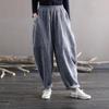Johnature Women Vintage Corduroy Casual Pants Washed Distressed Loose Autumn Winter Solid Color Elastic Waist Trousers