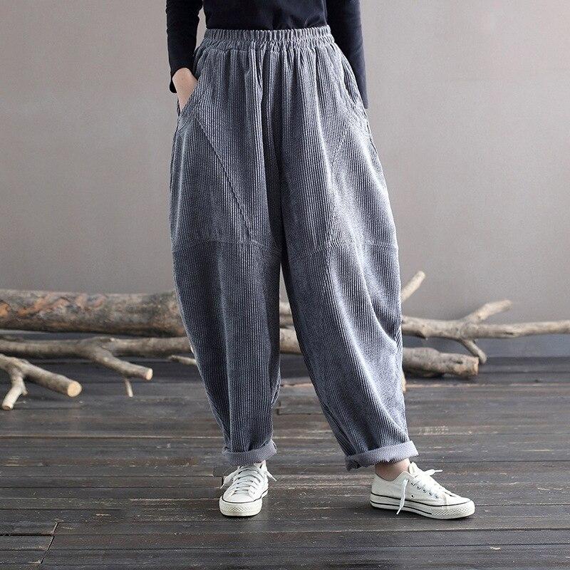 Johnature Women Vintage Corduroy Casual Pants Washed Distressed Loose Autumn Winter Solid Color Elastic Waist Trousers