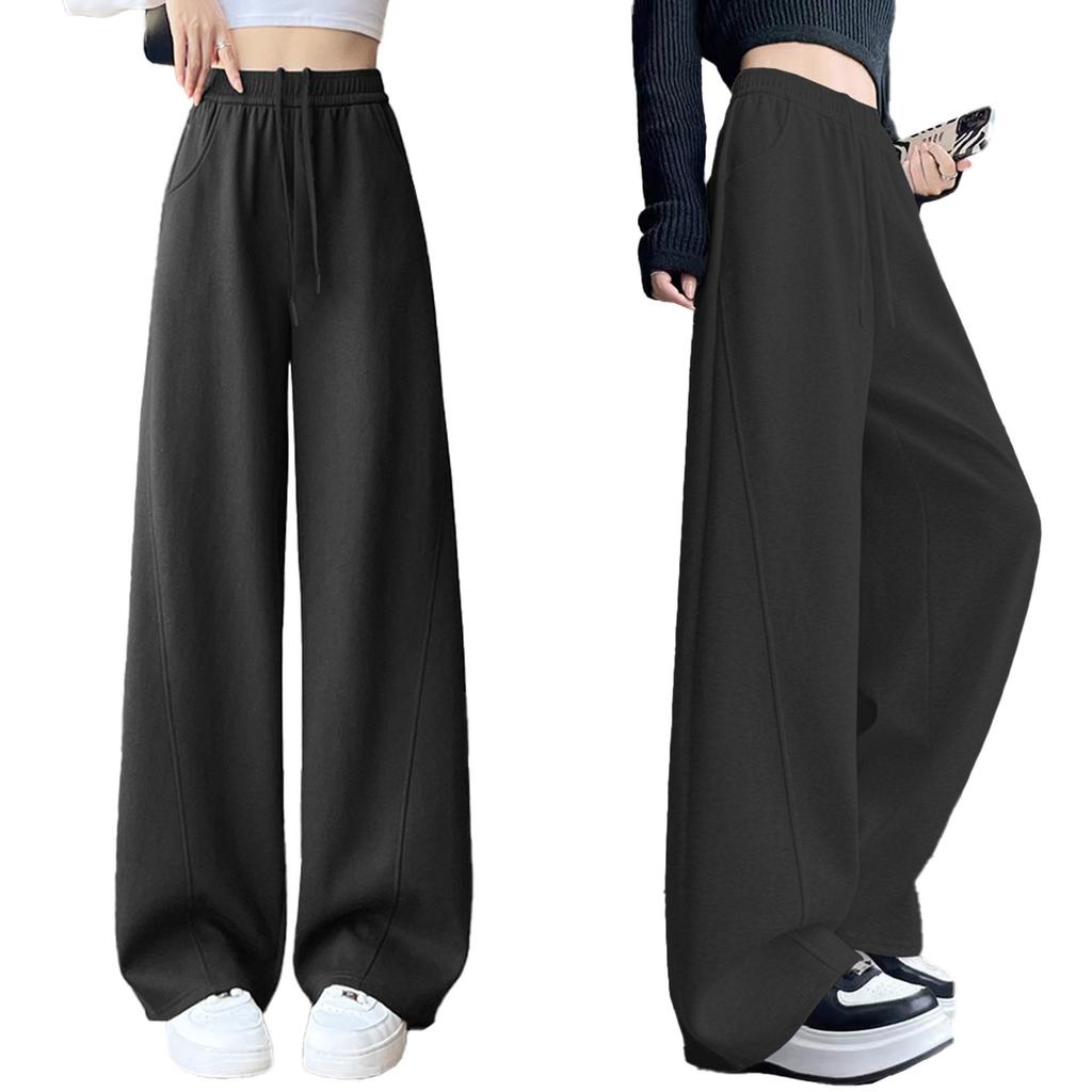 2025 Women's Gray High-Waist Curved Wide-Leg Sweatpants - Autumn/Winter Casual Loose Fit