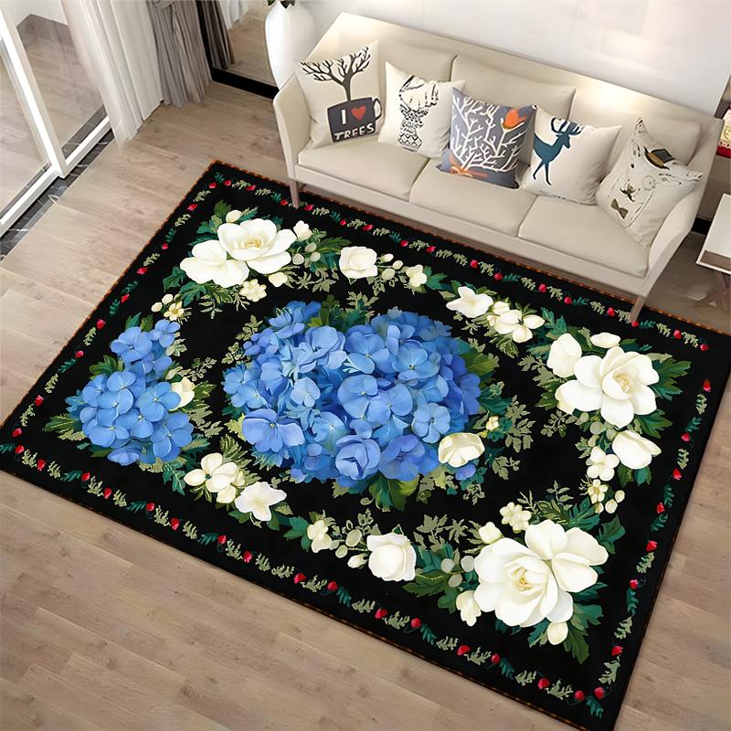Floral Carpet with Blue Hydrangeas and White Roses on Black Background Suitable for use as an anti-slip for living room bedroom sofas