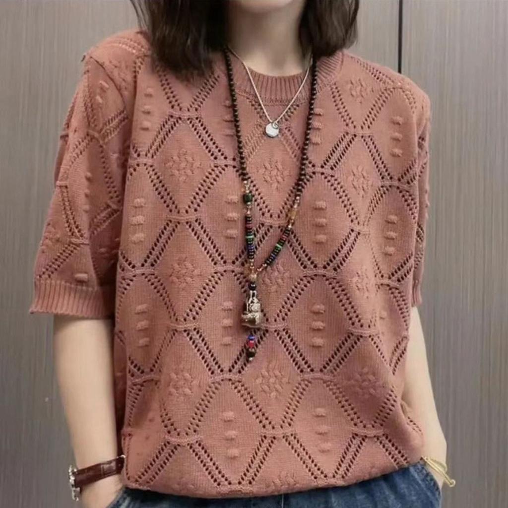 Французский ажурный летний тонкий вязаный свитер с короткими рукавами, женский модный свободный топ с круглым вырезом в западном стиле, уменьшающий возраст