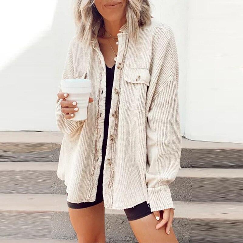 Elegant Solid Color Ribbed Tops Lady Jackets Autumn Winter Fashion Breasted Button Women Coats Casual Loose Long Sleeve Outwears