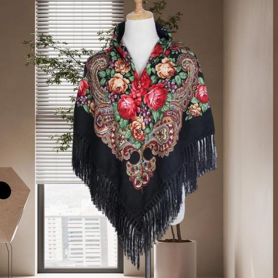 Этнический стиль, ретро-шаль, шарф с кисточкой, цветочным принтом, осень-зима, теплая квадратная повязка на голову с бахромой для свадебной вечеринки