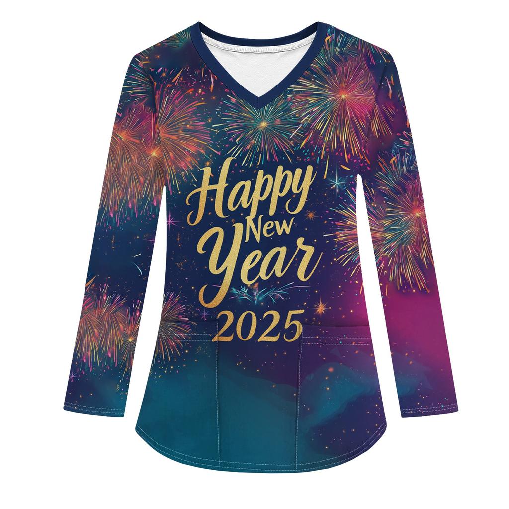 Женская модная рабочая одежда с V-образным вырезом, длинным рукавом и карманом, рождественский принт, футболка, топ