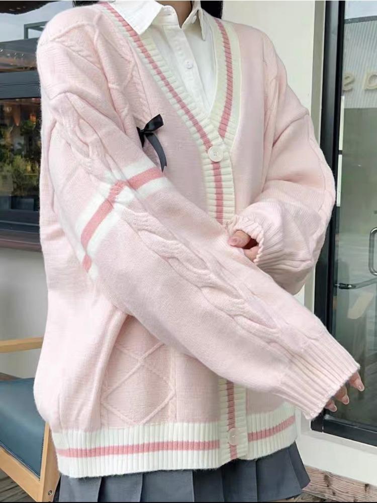 Милые вязаные кардиганы с бантом Y2k эстетичные все сочетающиеся контрастные цвета пальто модные однобортные женские свитера Kawaii JK джемперы