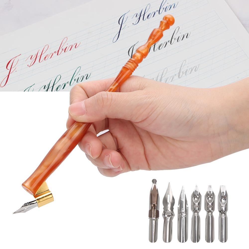 7pcs Flat Nibs Calligraphy Dip Pen Resin Handle Oblique Pen Holder Antique Dip Pen Set For Artists