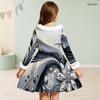 Girls Black Printed High Neck Long Sleeve A Line Flared Dress With White Fur Trim