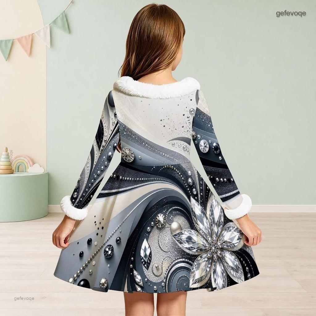 Girls Black Printed High Neck Long Sleeve A Line Flared Dress With White Fur Trim