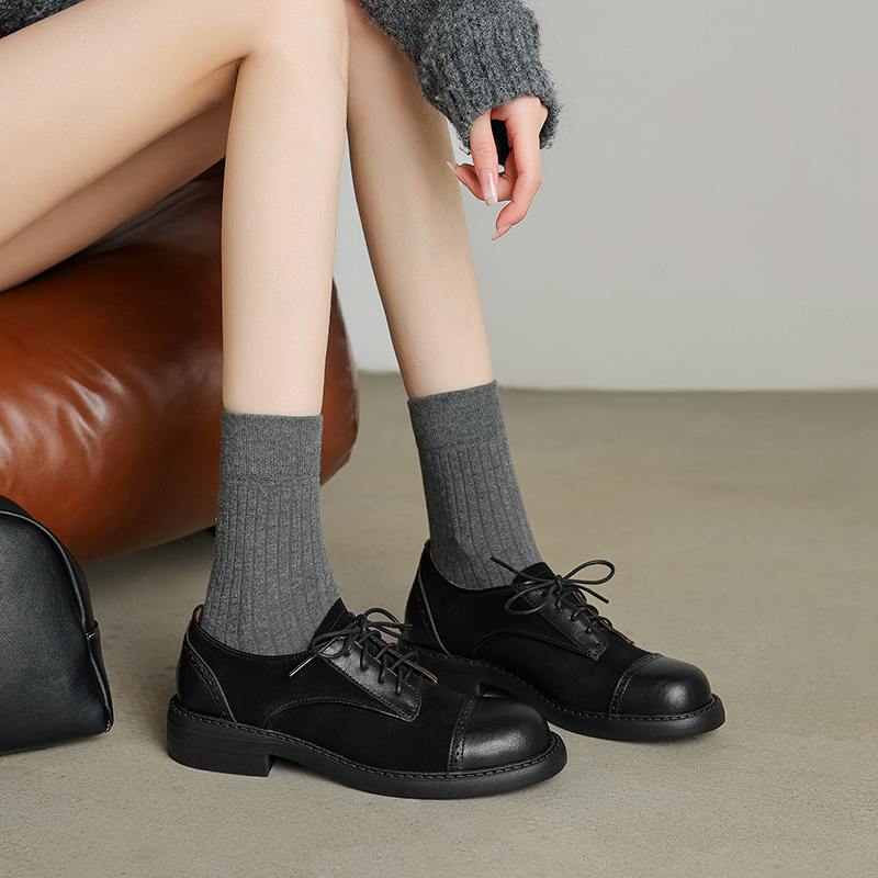 Krazing Pot Cow Skin Nubuck Spring Summer Size 40 Loafers Thick Med Heels Lace Up Women Round Toe Leisure Pumps