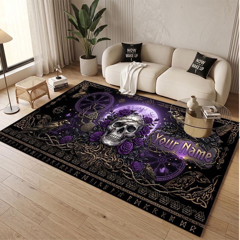 Skull Gothic Theme Soft Crystal Velvet Rug Custom Name & Text Print Non Slip Floor Rug for Bedroom Living Room