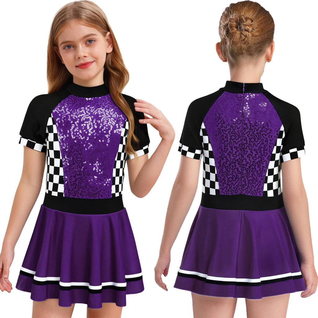 Kids Halloween Racing Costume Mock Neck Short Sleeve Back Zipper Checkerboard Sequins Dress Built-in Underwear for Theme Party