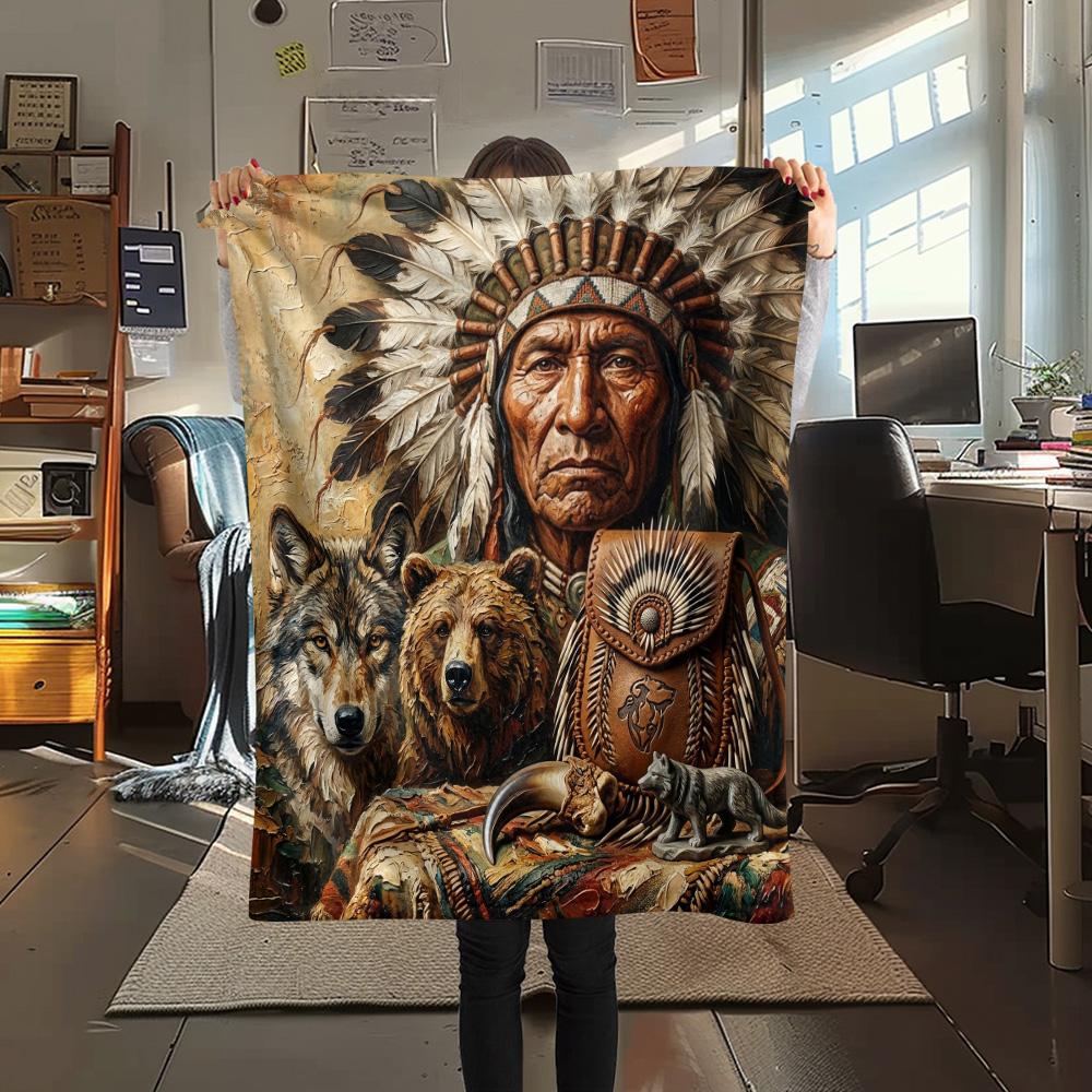 1Pc Indian Chief Painting Print Flannel Blanket High Quality Warm Comfortable Cover for All Seasons Perfect for Gifts Home Decor