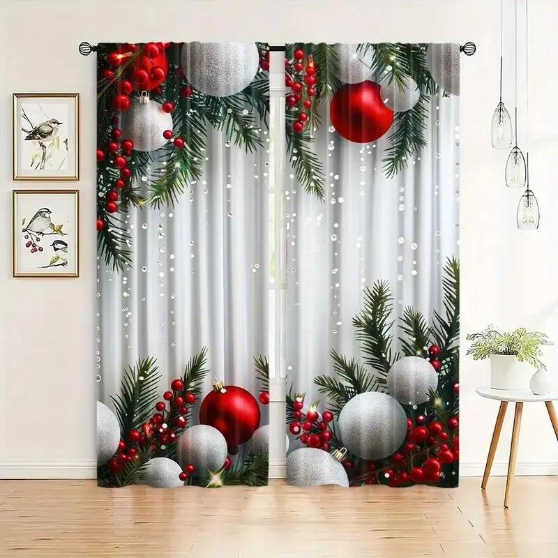 Set Of 2 Christmas Curtains Polyester Printed Tree Home Decoration Room Made