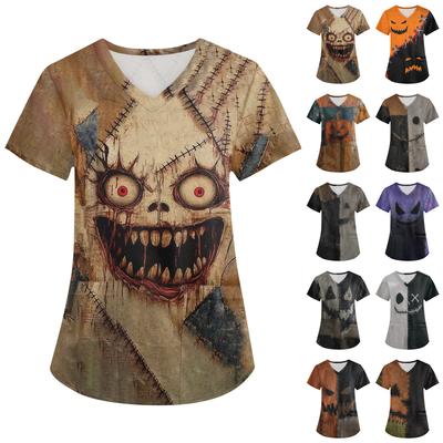 Женская рабочая униформа с принтом, V-образный вырез, карманы, базовый короткий рукав, пуловер, топ