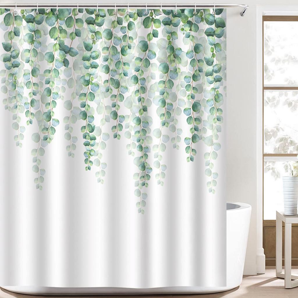 Tropical Green Leaves Plant On White Background Odorless Shower Curtains for Bathroom Showers and Bathtubs Decor with Hooks