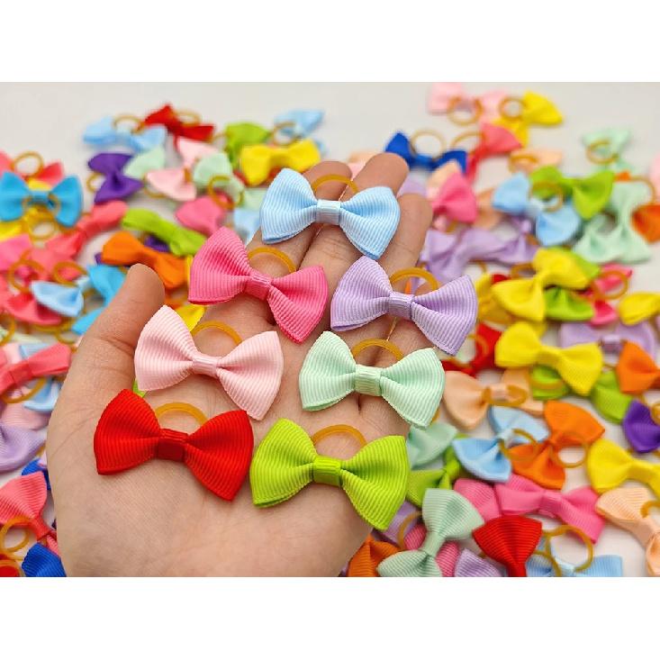 100PCS Solid Color Dog Hair Accessories 14 Colors Ribbon Hair Bows With Rubber Band For Dogs Puppy Yorkshire Grooming Supplies