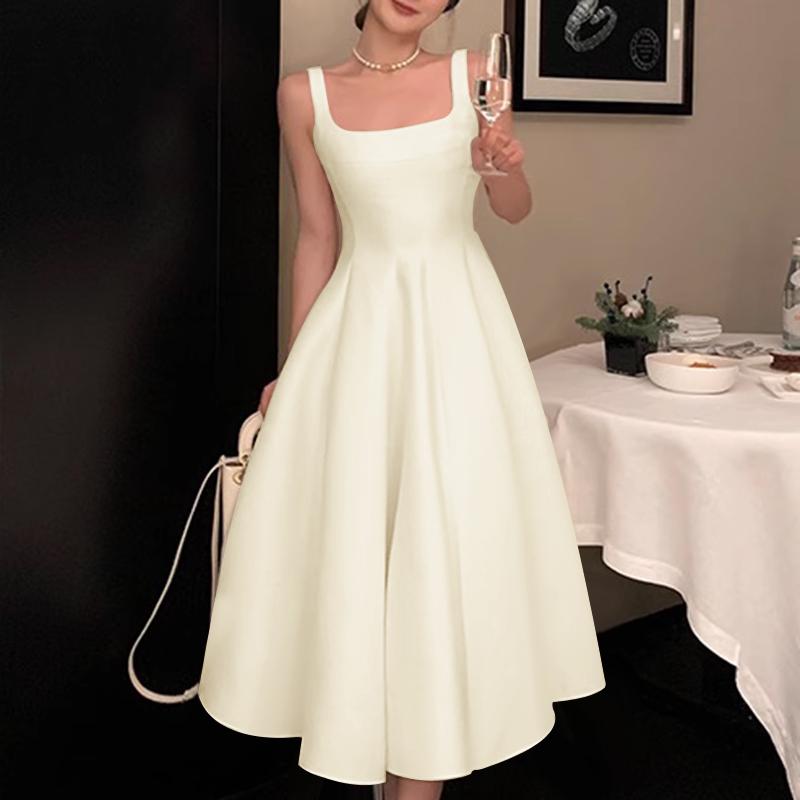 ZANZEA Women Elegant Square Neck Sleeveless Waisted A-Line Suspender Dress