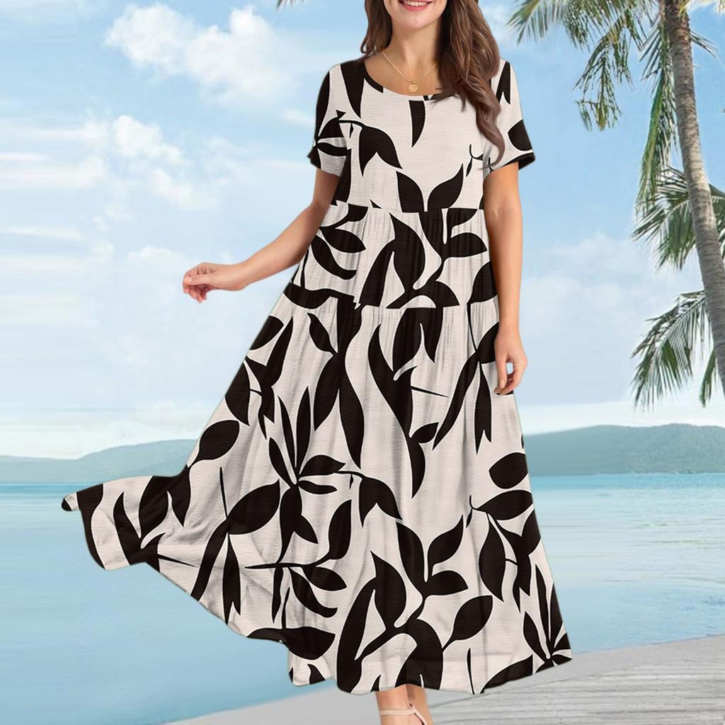 Женское повседневное свободное богемное платье с цветочным принтом, длинное макси-платье с коротким рукавом, летнее пляжное платье-качели