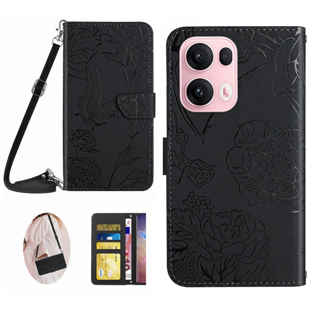 For Oppo Reno13 Pro 5G Case Butterfly Flower Imprint Leather Phone Cover with Shoulder Strap