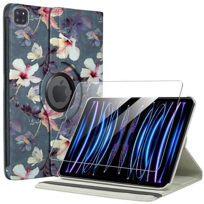 Coque + Verre Trempé - E.F.Connection - pour iPad Pro 11" - Antichoc - Rotatif 360° - Motif Fleur