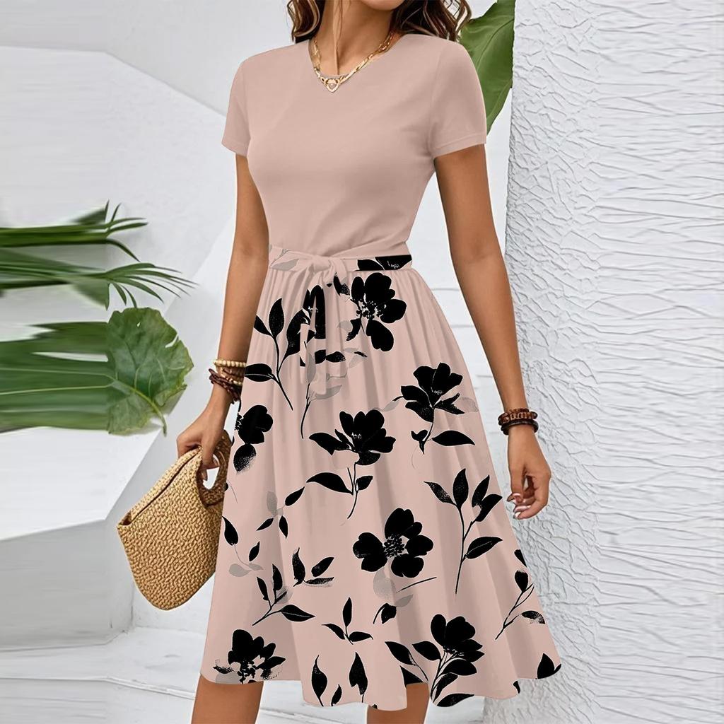 Women's Casual Fashion Belted Floral Print Short Sleeve Round Neck Elegant Dress