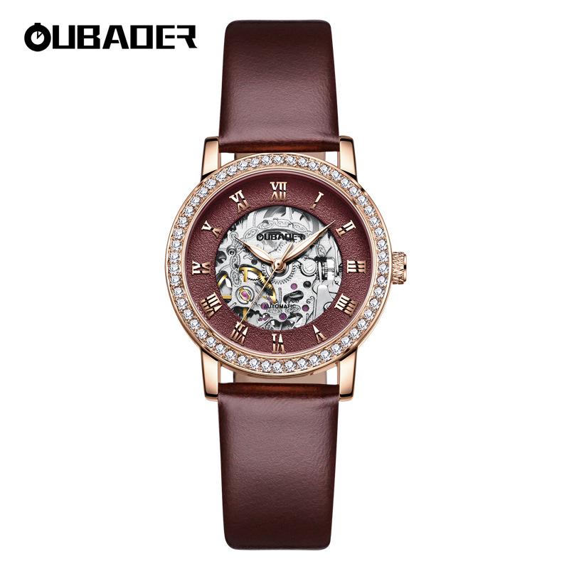 Женские повседневные механические часы OUBAOER с циферблатом с римскими цифрами, водонепроницаемый дизайн