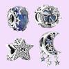 Sterling Silver Galaxy Blue & Star Murano,Star & Crescent Moon Charm For for Womens Birthday Gift Bracelet DIY Jewelry