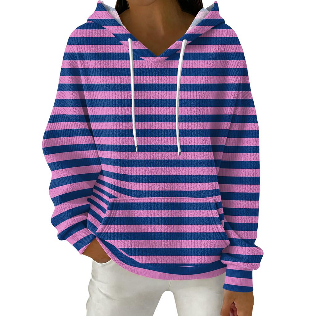 Women's Fashion Casual Striped Print Pullover Long-Sleeve Hooded Sweatshirt