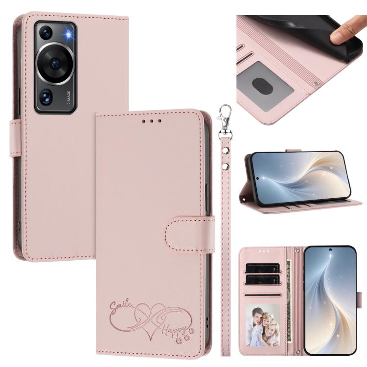 Happy Heart Pattern Magnetic Closure Vegan Leather Phone Case with Wrist Strap For Huawei Mate 60