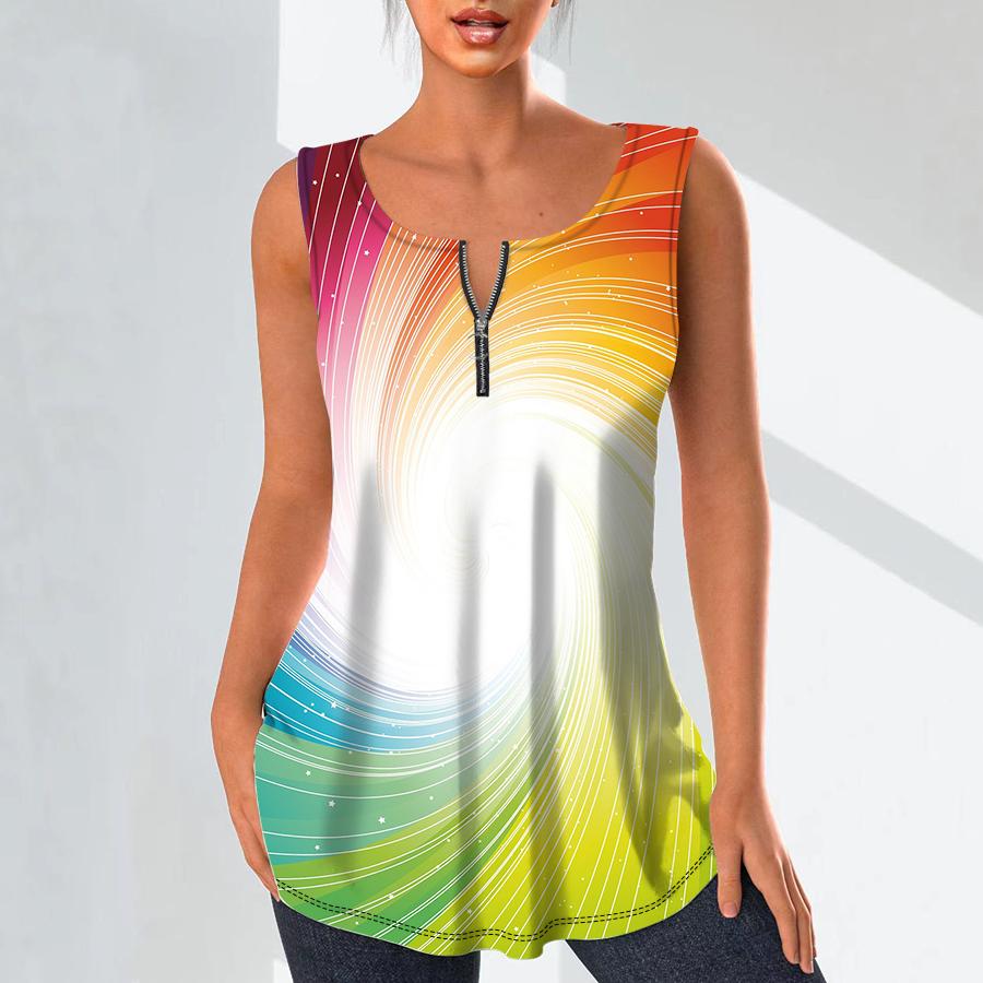 Women's Fashion V Neck Shirts Casual Tops T-shirt Ladies 3D Multicolored Lines Print Vest Plus Size Sleeveless Blouse Tank Tops