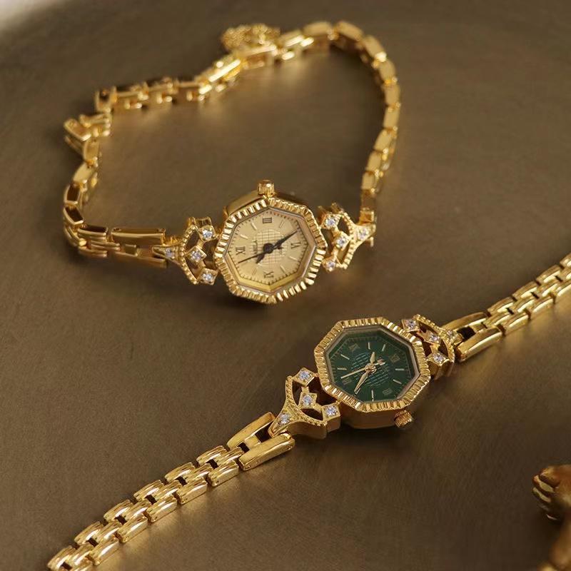 High quality 24K gold no fade brass band women watches diamond small dial square fashion luxury wristwatch for lady retro