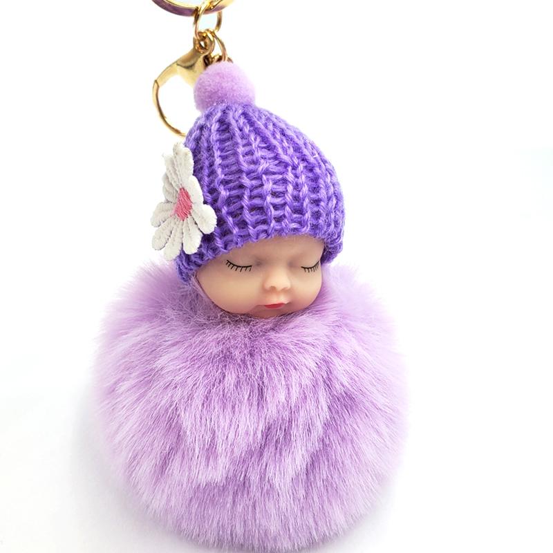 1PC Cartoon Lovely Women Baby Sleep Doll Keyring Plush Bag Pendant Fluffy Fur Ball