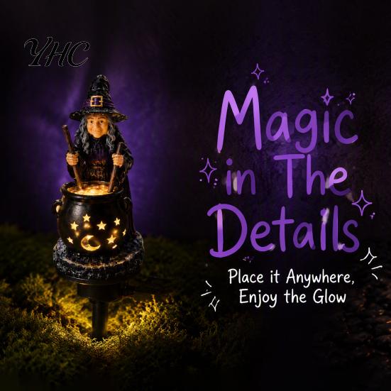 Creative Holiday Gift for Her Solar Witch Statue with Glowing Cauldron, Outdoor Halloween Garden Light, Spooky Lighting Resin Decorative Figurine Yard
