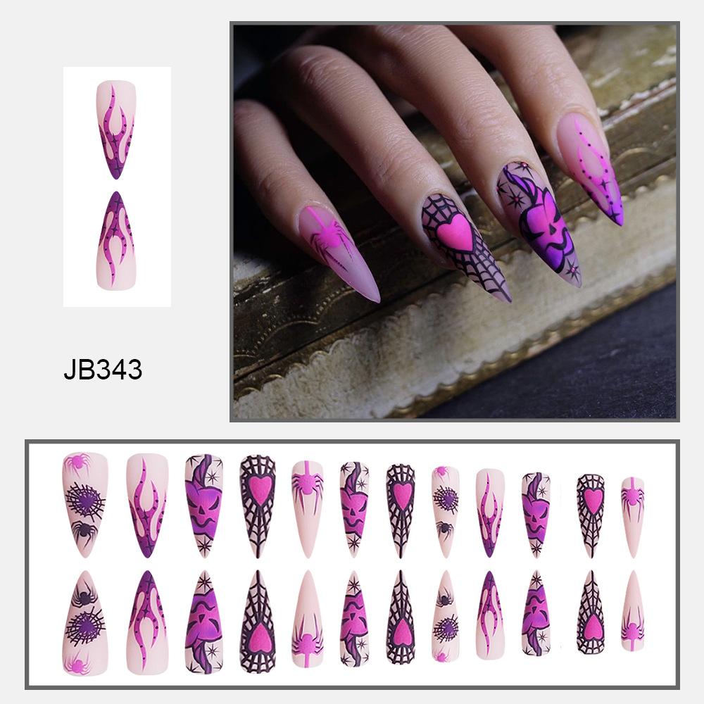 24pcs Press On Nails Halloween Long Spiked Nails Spider Web Purple Heart Cool Purple Halloween Elements False Nails